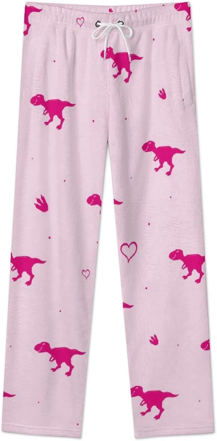 Pink Dino Women's Flannel Pajama Pants Fleece Lounge Sleep Bottoms PJ