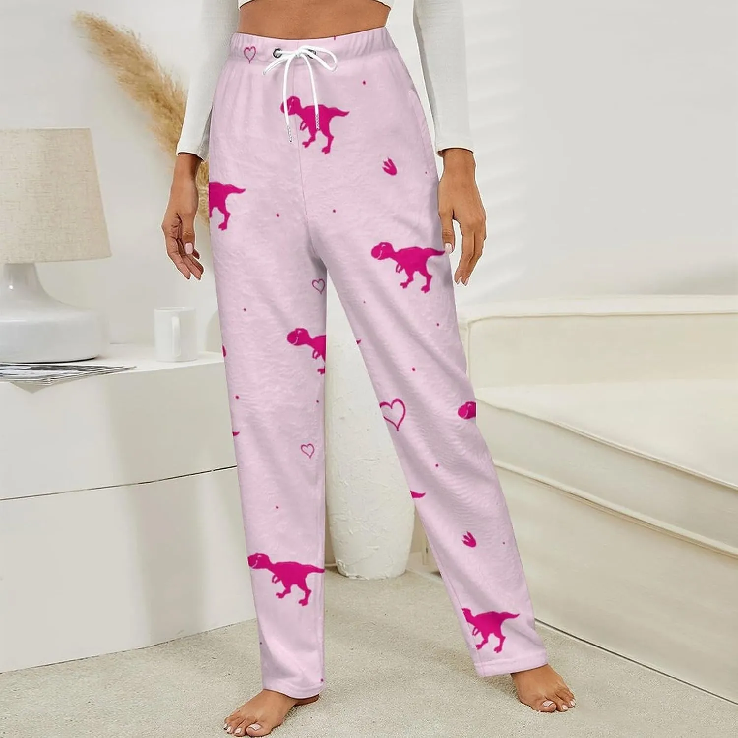 Pink Dino Women's Flannel Pajama Pants Fleece Lounge Sleep Bottoms PJ
