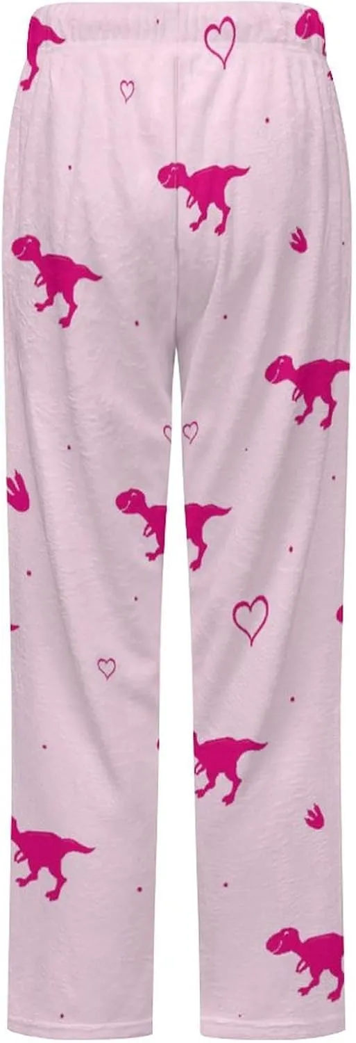 Pink Dino Women's Flannel Pajama Pants Fleece Lounge Sleep Bottoms PJ