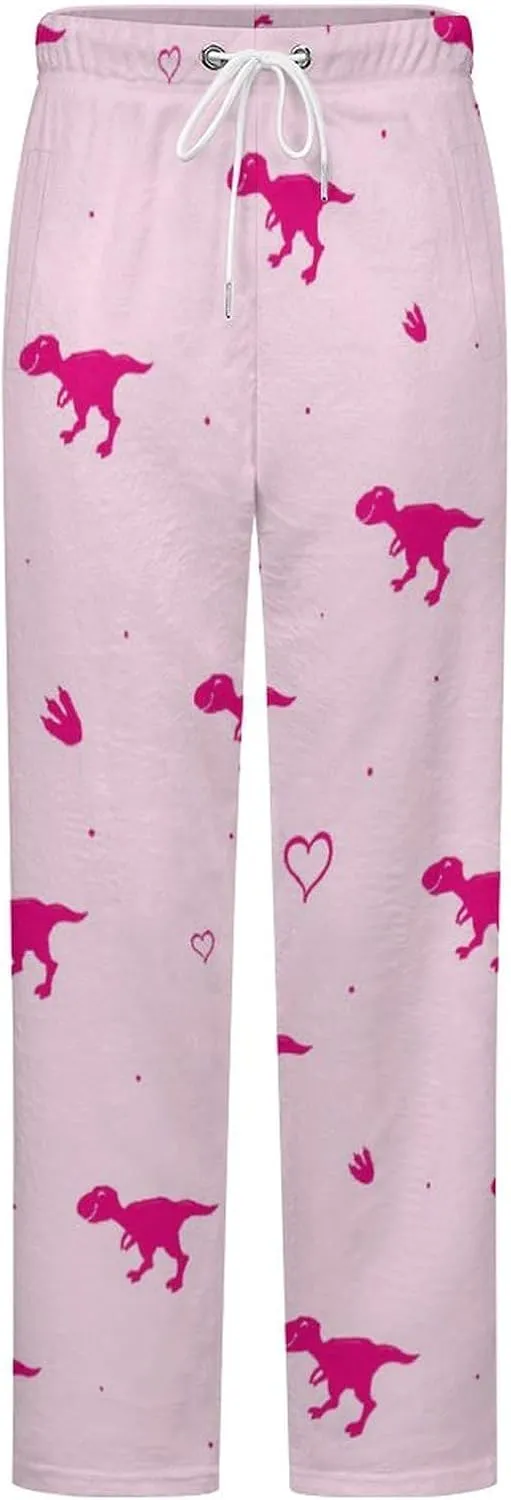 Pink Dino Women's Flannel Pajama Pants Fleece Lounge Sleep Bottoms PJ