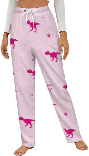 Pink Dino Women's Flannel Pajama Pants Fleece Lounge Sleep Bottoms PJ