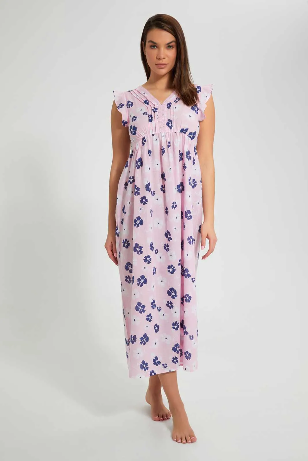Pink Floral Ruffle Sleeve Nightgown