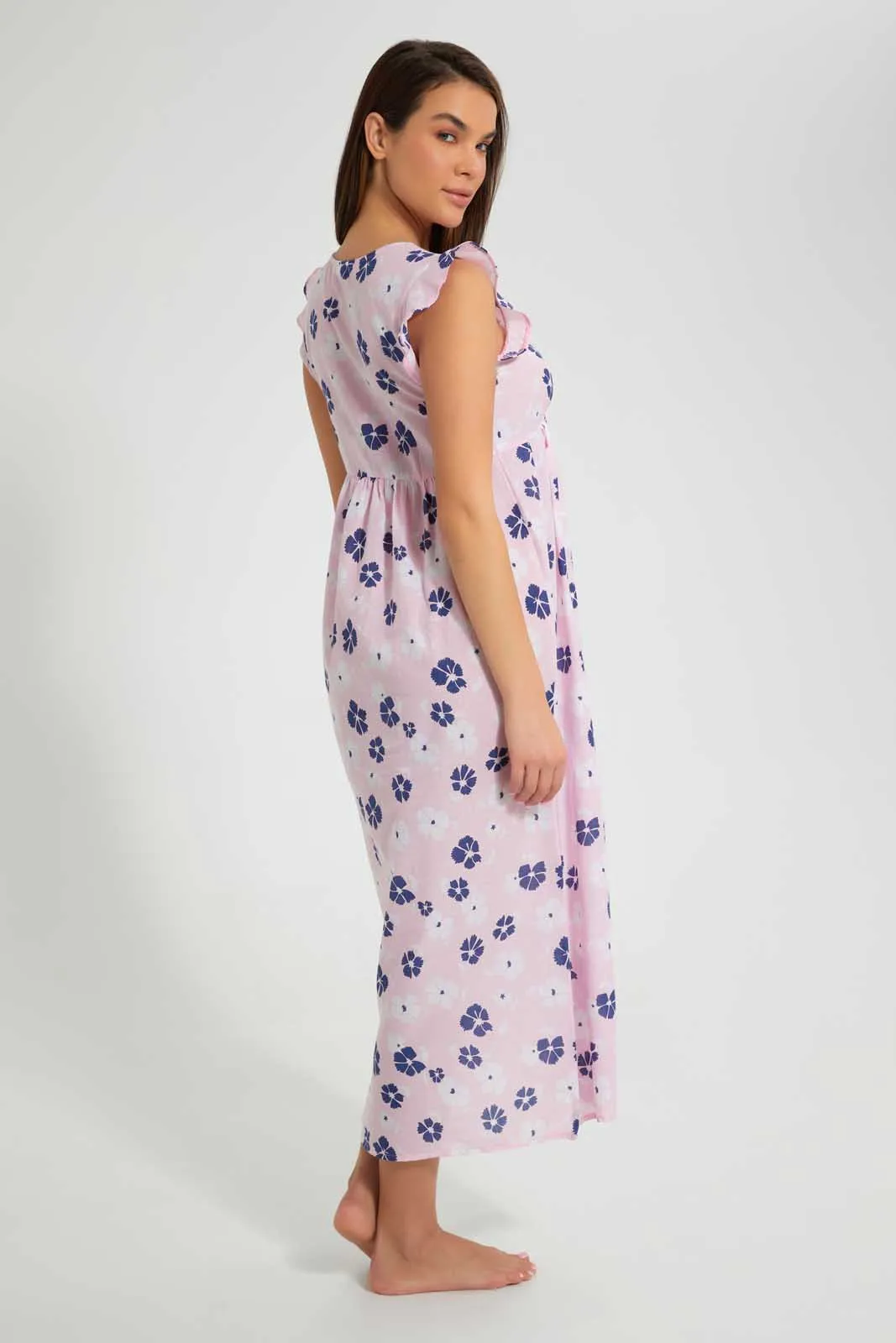 Pink Floral Ruffle Sleeve Nightgown