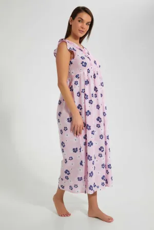 Pink Floral Ruffle Sleeve Nightgown