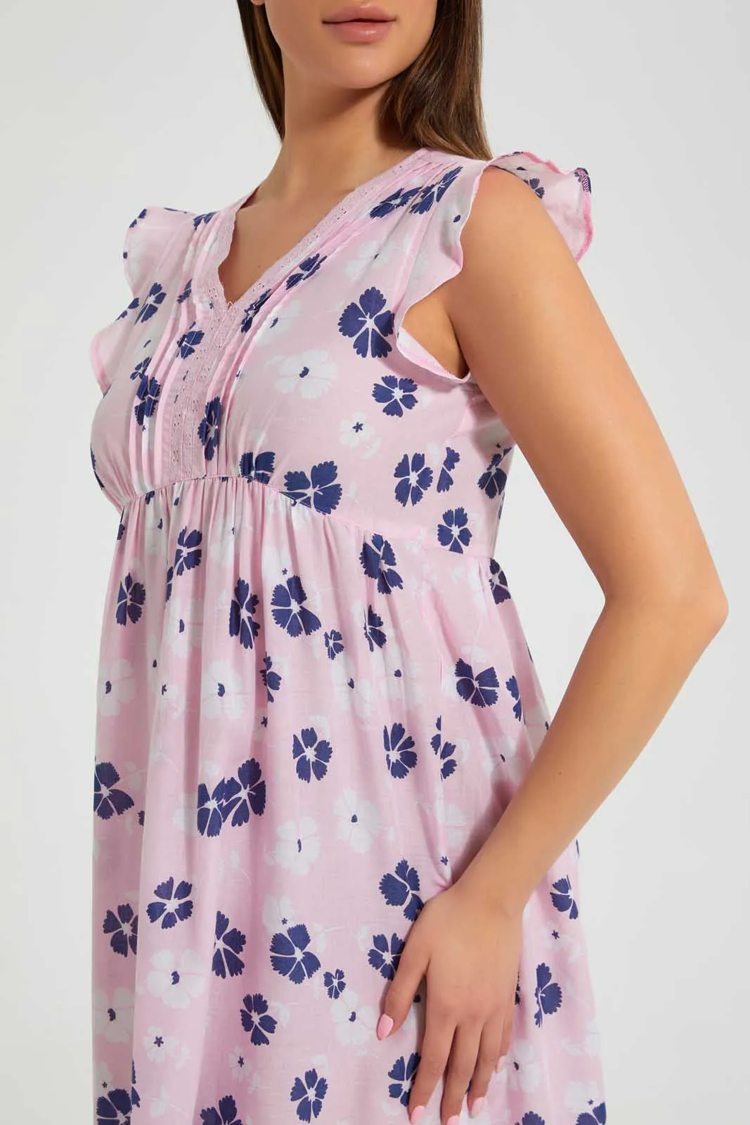 Pink Floral Ruffle Sleeve Nightgown
