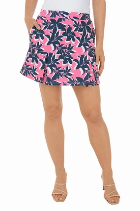 Midweight Texture Silk Touch Pink Bold Blooms Pleated UPF50 Pull-On Skort