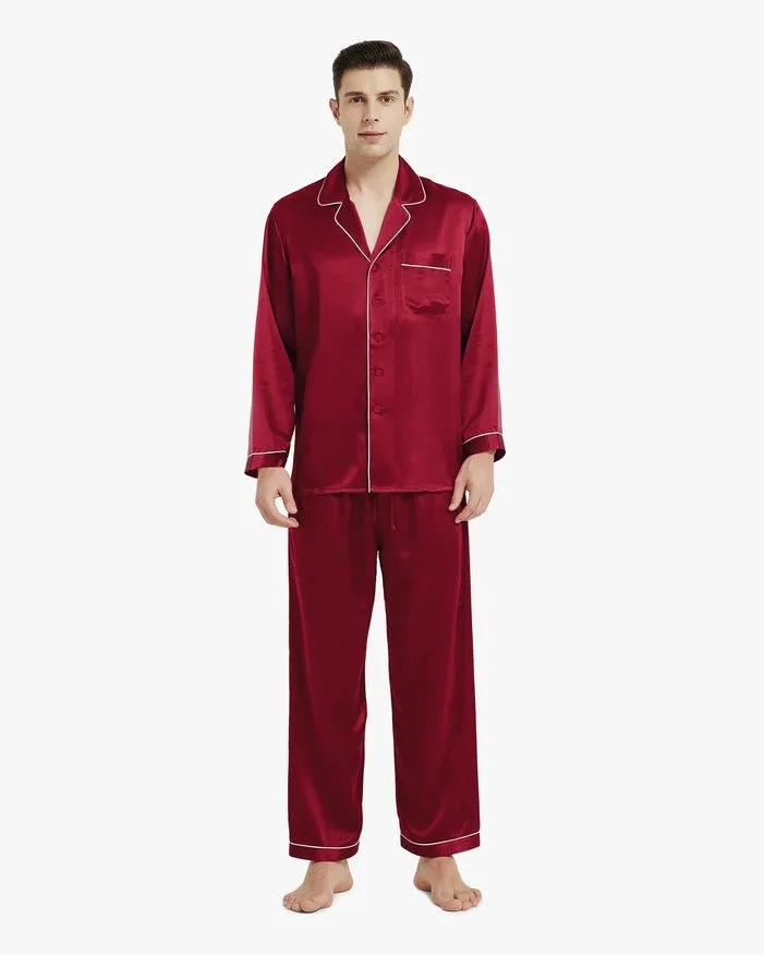 Piped Silk Pajamas - For Men Claret