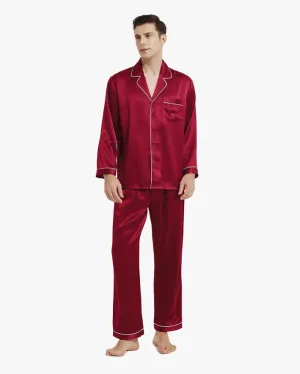 Piped Silk Pajamas - For Men Claret