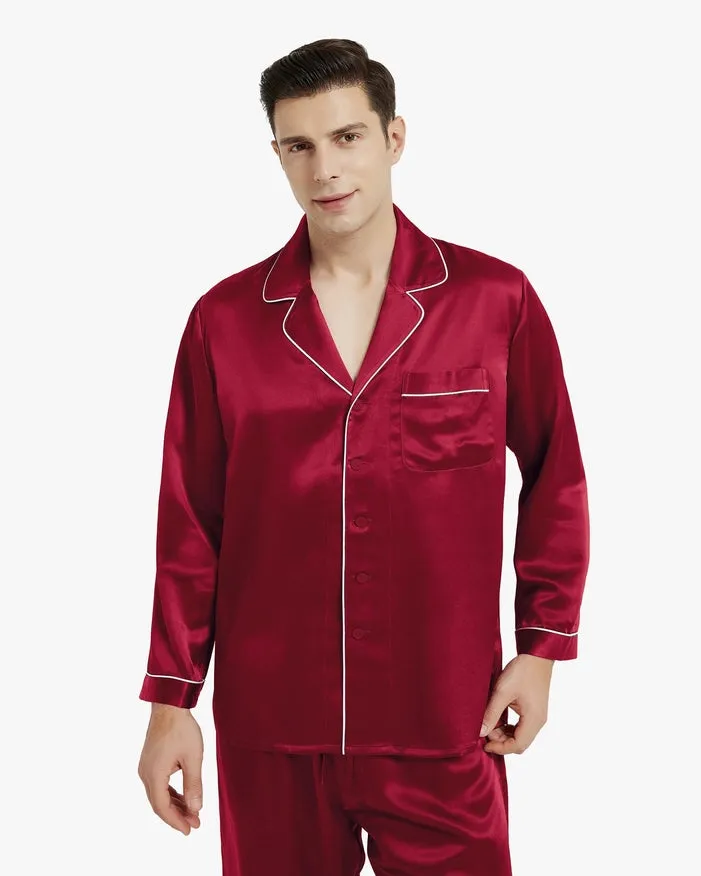 Piped Silk Pajamas - For Men Claret