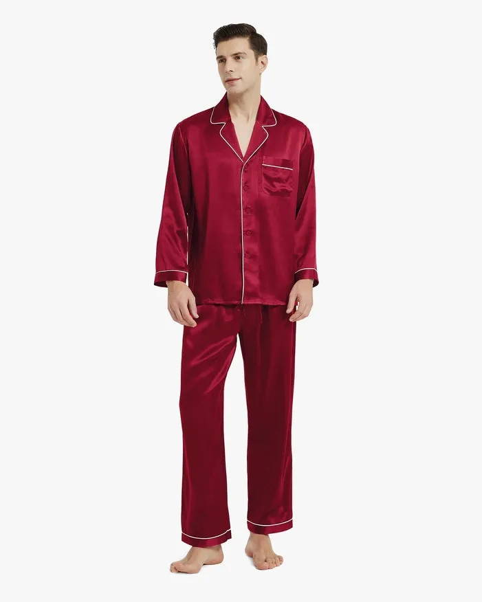 Piped Silk Pajamas - For Men Claret