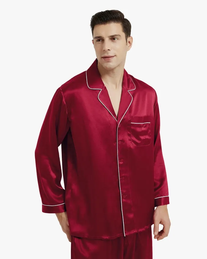 Piped Silk Pajamas - For Men Claret