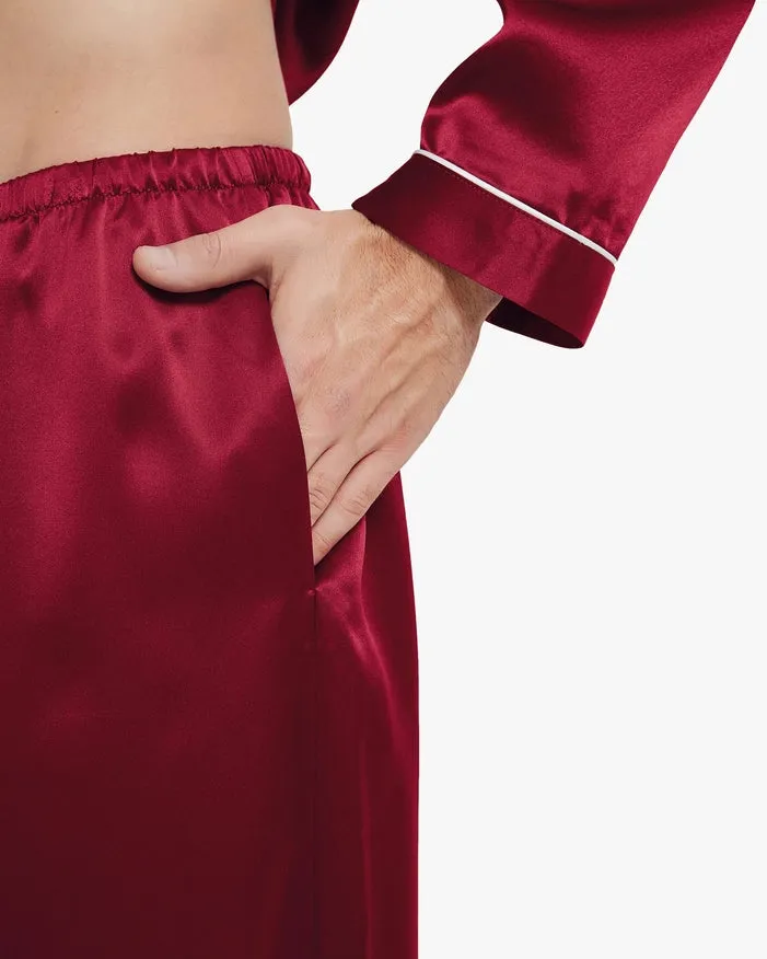 Piped Silk Pajamas - For Men Claret