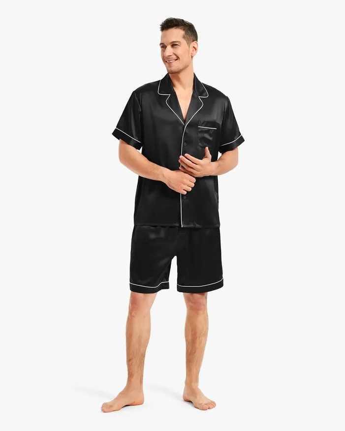 Piped Silk Short Pajamas Black