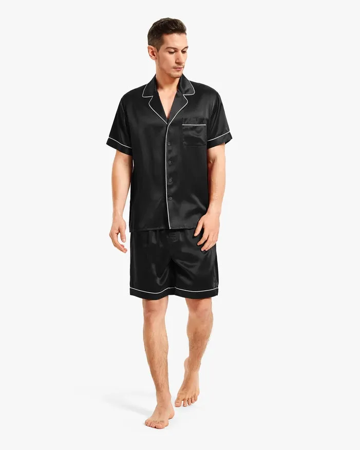 Piped Silk Short Pajamas Black