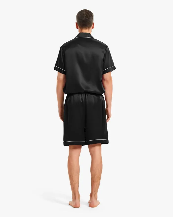 Piped Silk Short Pajamas Black
