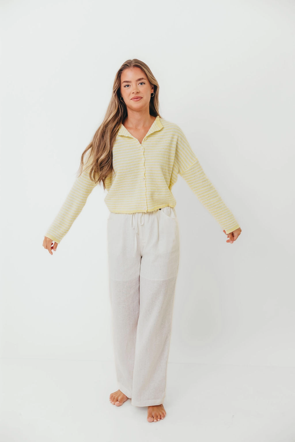 Piper Mini Stripes Cardigan in Butter High Collar Option