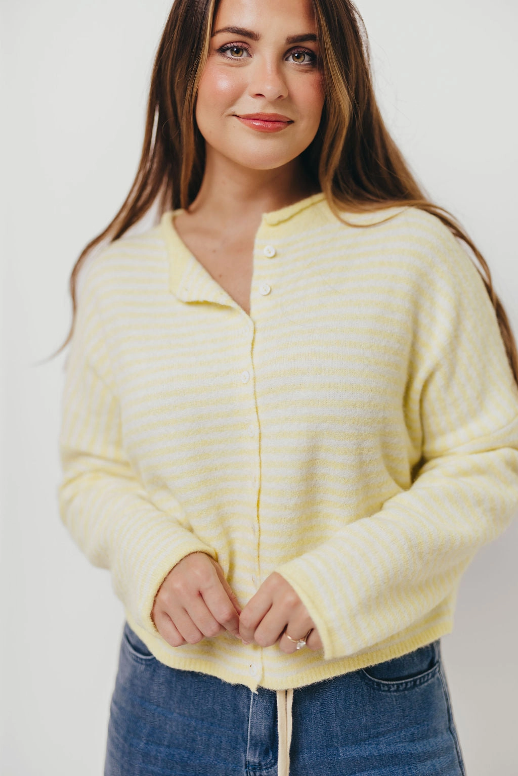 Piper Mini Stripes Cardigan in Butter DropShoulder Lightweight insulation