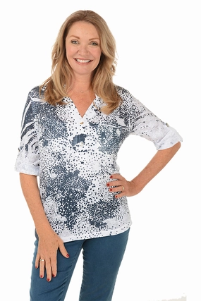 FrictionFreeNeckline Dalmation Dots Roll Sleeve Top