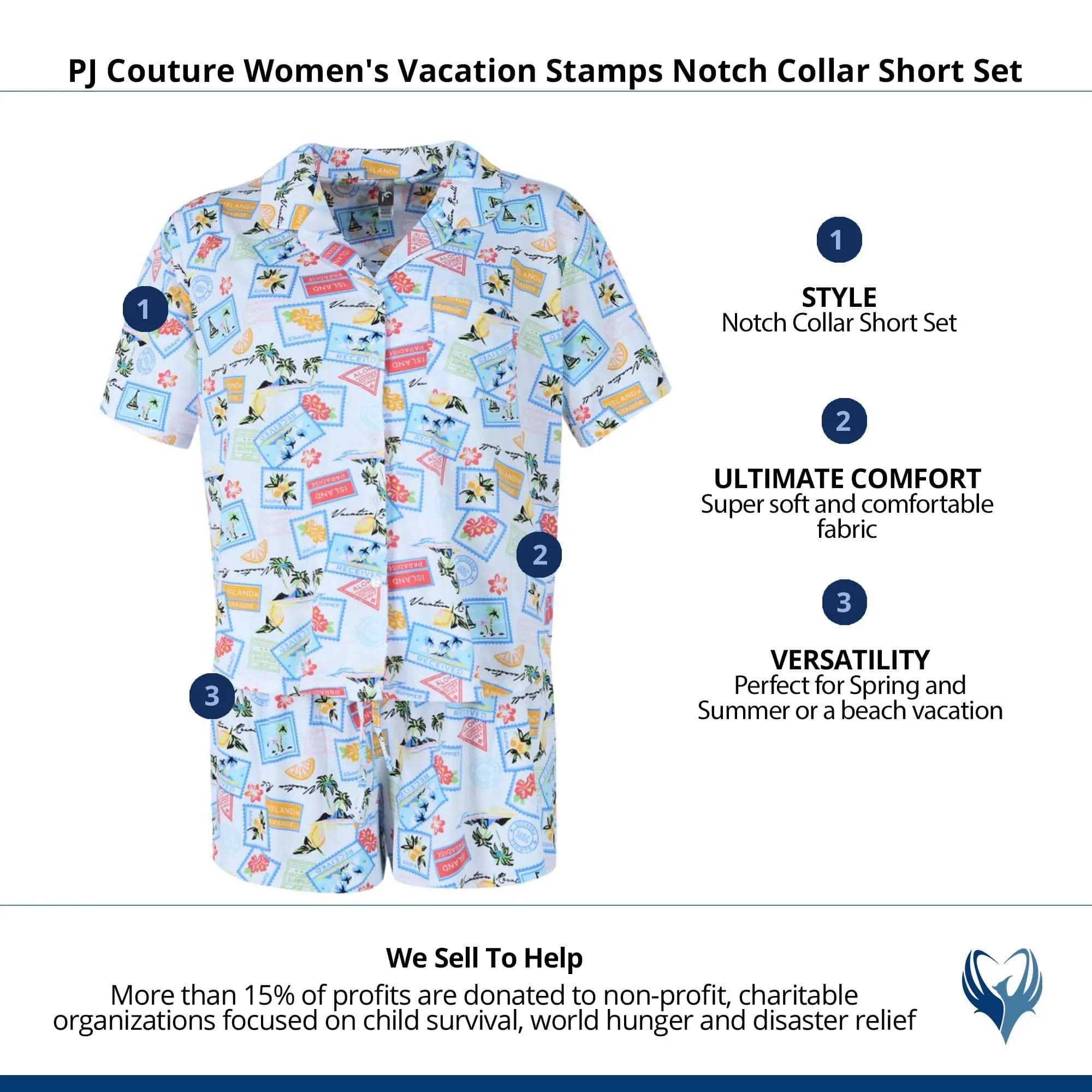 PJ Couture Women's Vacation Stamps Notch Collar Short Set