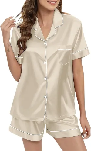 Pjs Sets for Women Satin Shorts Pajama Set Button Down Sleepwear Soft Silk Pajamas Loungewear Short Sleeve Top Pj Set