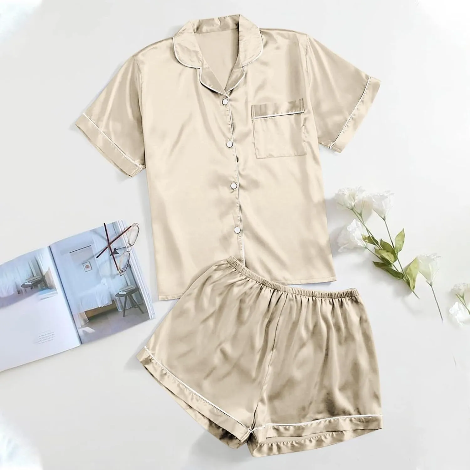 Pjs Sets for Women Satin Shorts Pajama Set Button Down Sleepwear Soft Silk Pajamas Loungewear Short Sleeve Top Pj Set