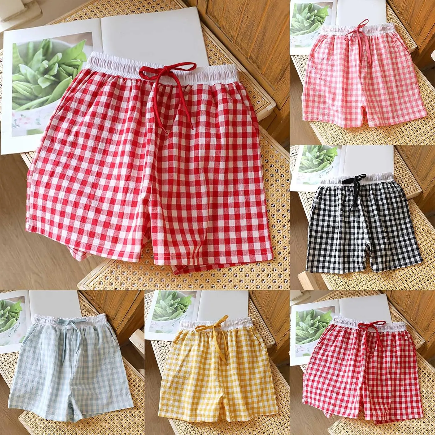 Plaid Boxer Shorts for Women Summer Gingham Cotton Pajamas 2025 Lounge Sleepwear Shorts Y2K Pj Bottoms with Pockets