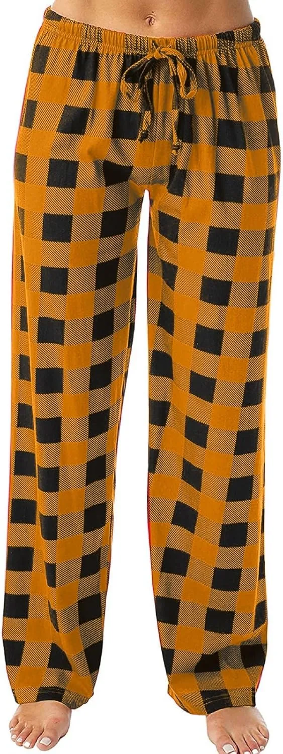 Plaid Pajama Pants Women Comfy Sleep Wide Leg Lounge Pants Drawstring High Waist Soft Buffalo Plaid Cotton Pj Pants