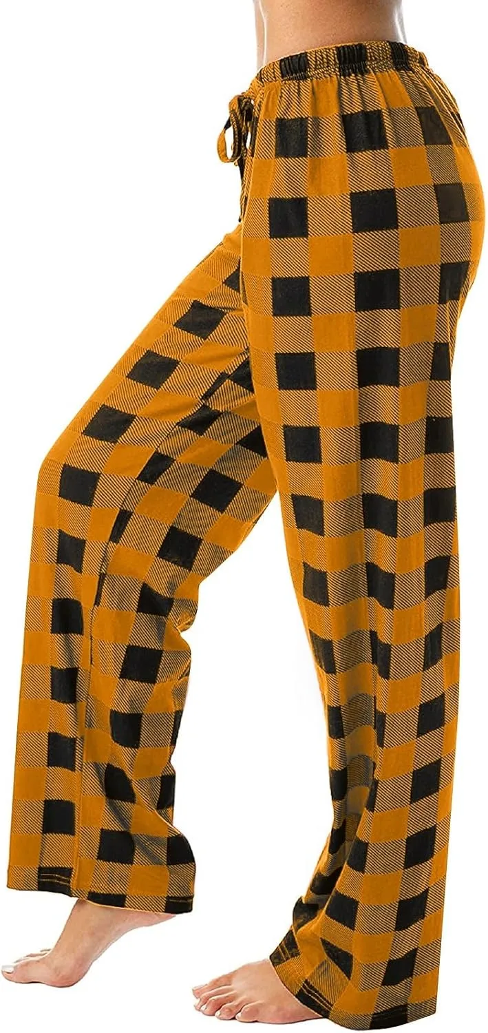 Plaid Pajama Pants Women Comfy Sleep Wide Leg Lounge Pants Drawstring High Waist Soft Buffalo Plaid Cotton Pj Pants