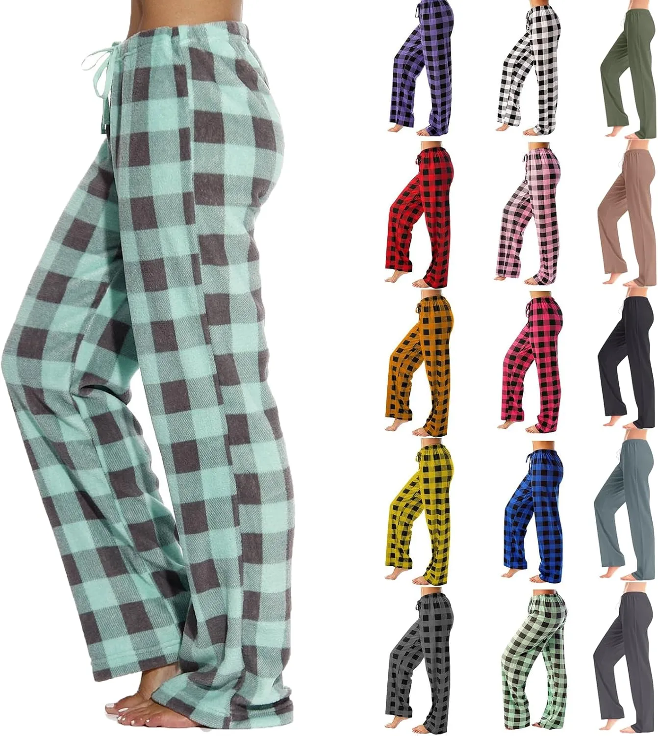 Plaid Pajama Pants Women Comfy Sleep Wide Leg Lounge Pants Drawstring High Waist Soft Buffalo Plaid Cotton Pj Pants