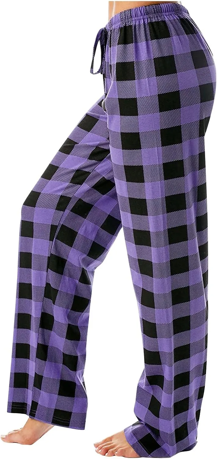 Plaid Pajama Pants Women Stretch Comfy Lounge Pants Drawstring Lounge Striped Pajama Bottoms with Pockets