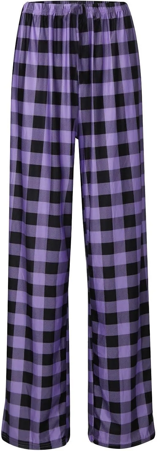 Plaid Pajama Pants Women Stretch Comfy Lounge Pants Drawstring Lounge Striped Pajama Bottoms with Pockets