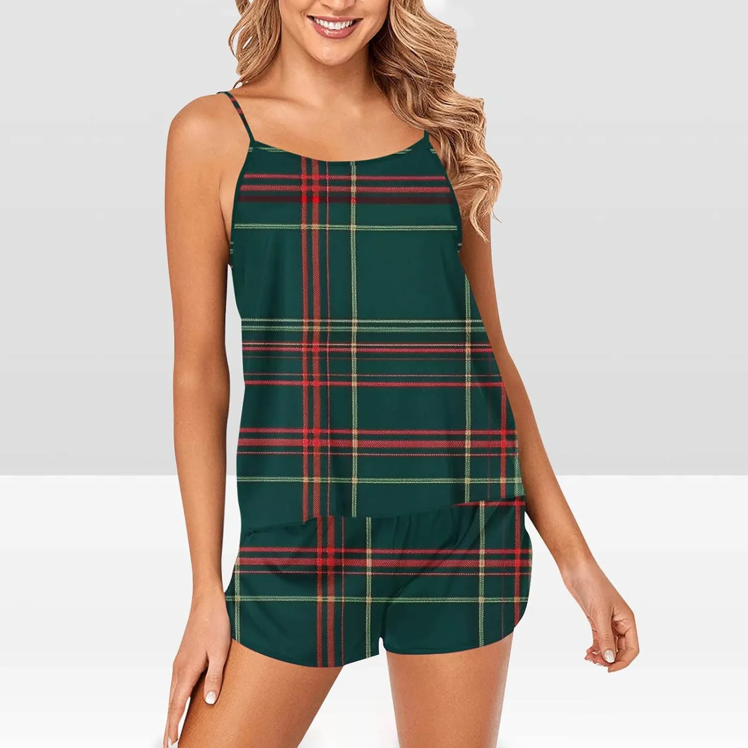 Plaid Printed 2 Piece Pajamas Sets for Women Suspender Round Neck Loose Top Tank and High Waisted Satin Home Shorts