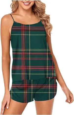 Plaid Printed 2 Piece Pajamas Sets for Women Suspender Round Neck Loose Top Tank and High Waisted Satin Home Shorts