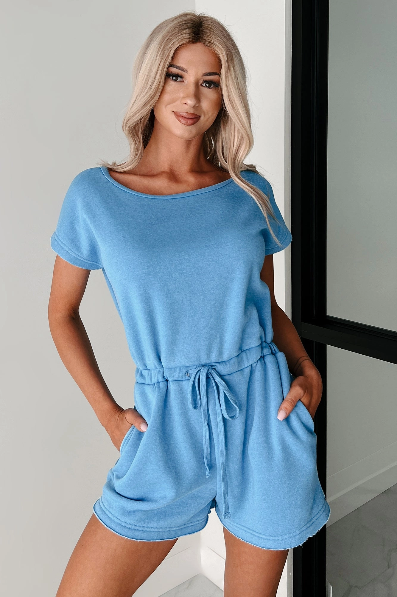 Plain & Simple Washed Drawstring Waist Romper (Blue) Active Lifestyle NonSlipInnerGrip