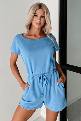 Plain & Simple Washed Drawstring Waist Romper (Blue) Effortless Comfort Elastic Fit