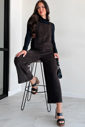 PolyesterBlend Playful Impression Soft Corduroy Overall Jumpsuit (Dark Brown)