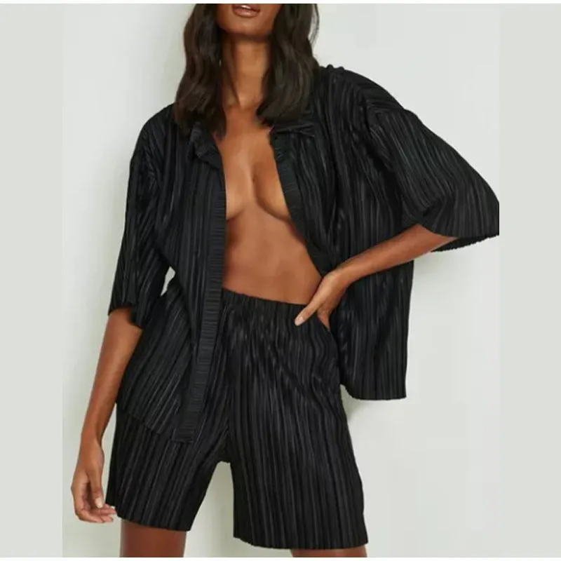 Pleated Shirt Short Sleeve Shorts Casual two-piece set