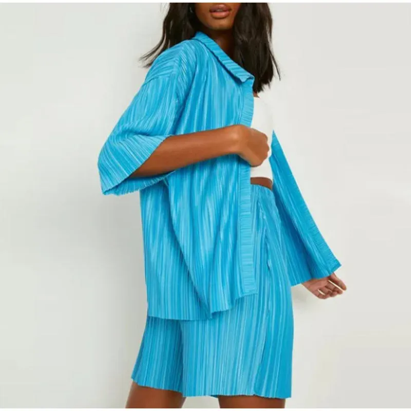 Pleated Shirt Short Sleeve Shorts Casual two-piece set