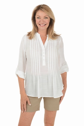 Pleated Front Roll Sleeve Blouse Ribbed Knit Fabric