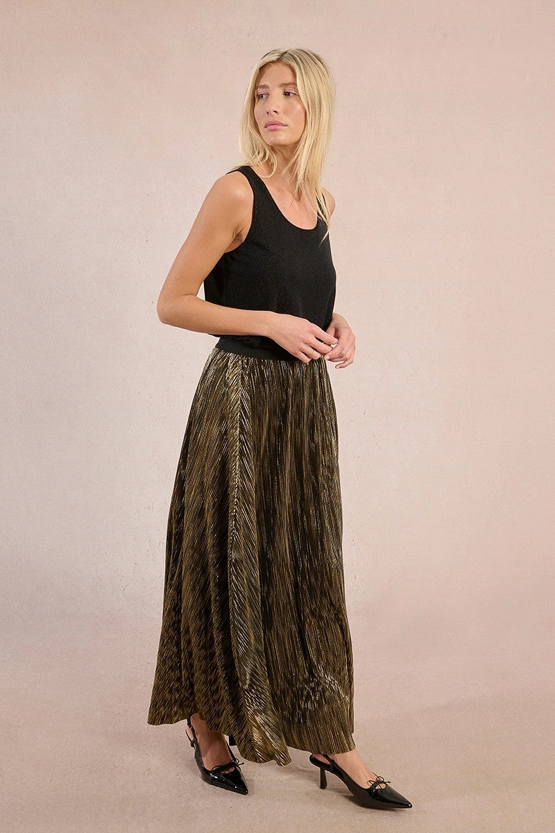 Wrap style Double Layered Design Pleated Metallic Maxi Skirt in Gold