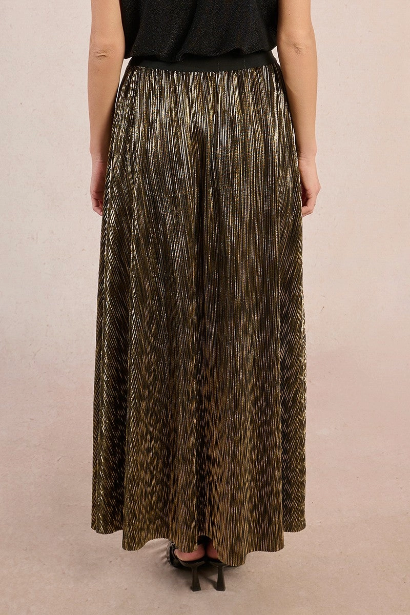 Adjustable Fastening Button Fastenings Pleated Metallic Maxi Skirt in Gold