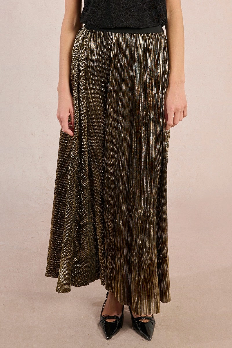 Semi Sheer Cool Details Pleated Metallic Maxi Skirt in Gold