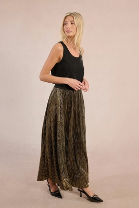 Wrap style Double Layered Design Pleated Metallic Maxi Skirt in Gold