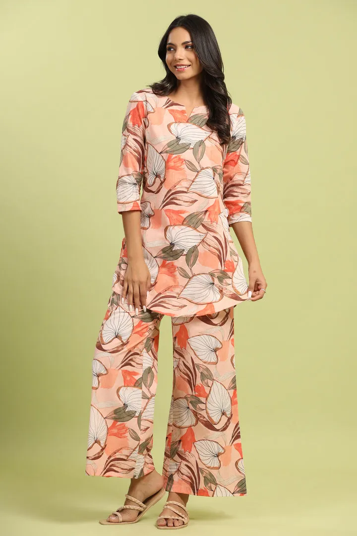 Plumeria on Peach Cotton Palazzo Loungewear Set