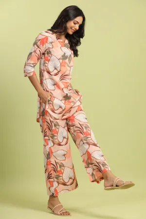 Plumeria on Peach Cotton Palazzo Loungewear Set