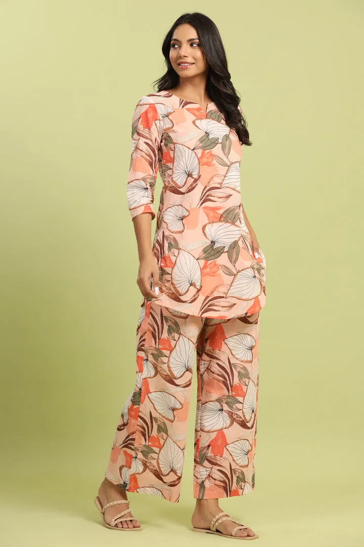 Plumeria on Peach Cotton Palazzo Loungewear Set