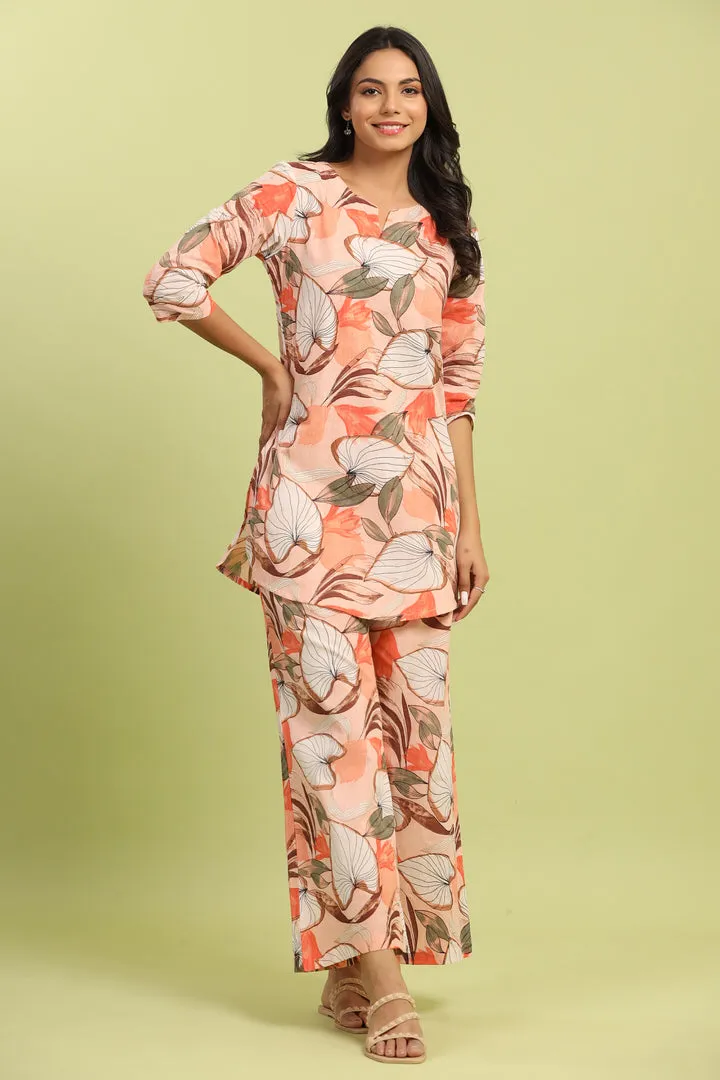 Plumeria on Peach Cotton Palazzo Loungewear Set