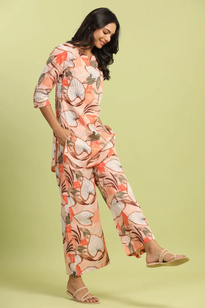 Plumeria on Peach Cotton Palazzo Loungewear Set
