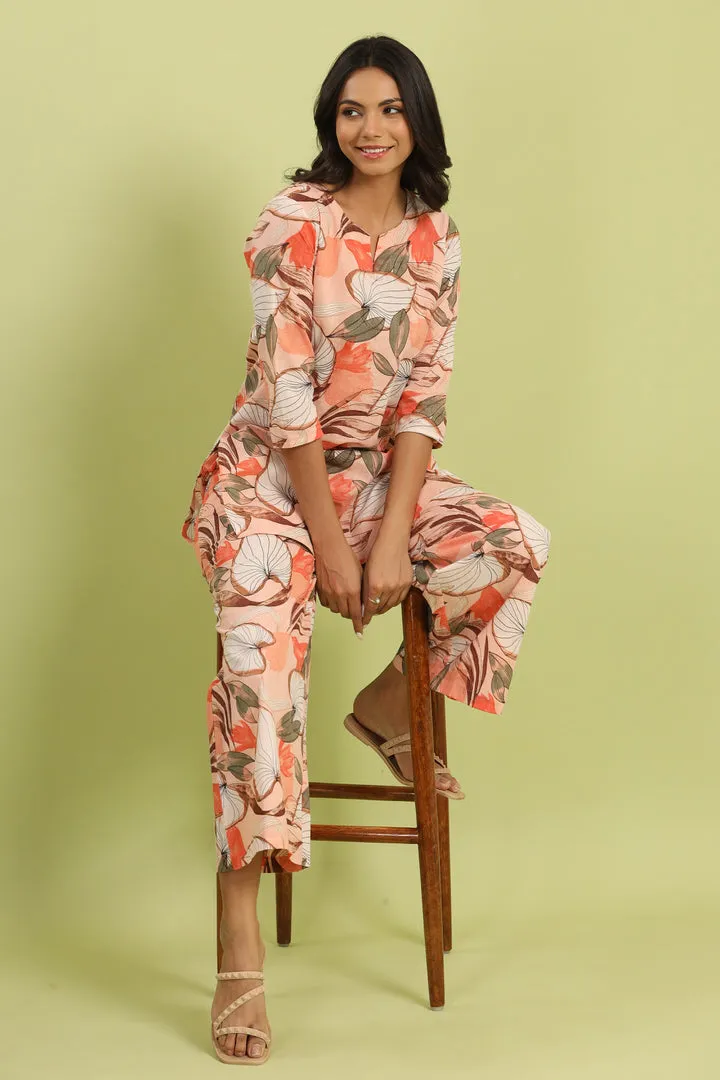 Plumeria on Peach Cotton Palazzo Loungewear Set