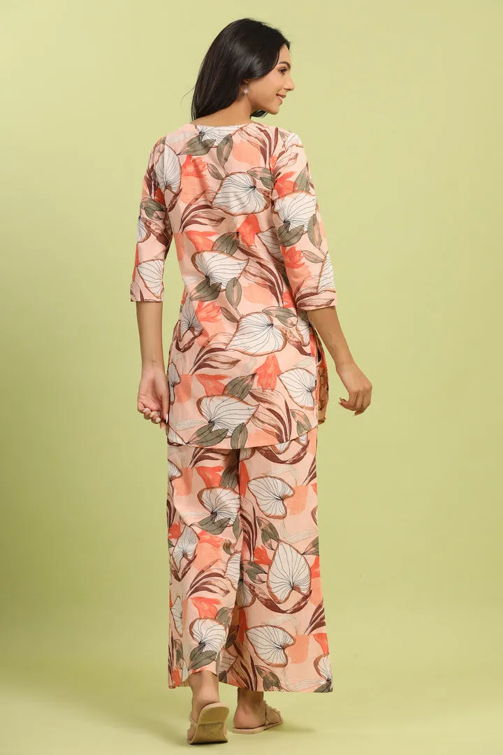 Plumeria on Peach Cotton Palazzo Loungewear Set